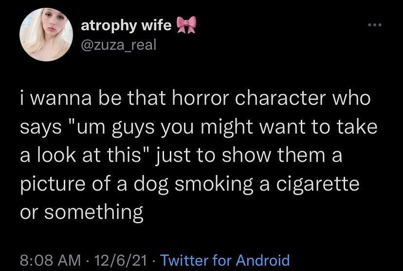 atrophy wife @zuza_real i wanna be that horror character who says guys you might want to take a look at this" just to show them a picture of a dog smoking a cigarette or something 8:08 12/6/21 Twitter