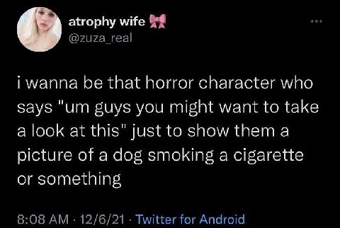 atrophy wife @zuza_real i wanna be that horror character who says guys you might want to take a look at this" just to show them a picture of a dog smoking a cigarette or something 8:08 12/6/21 Twitter