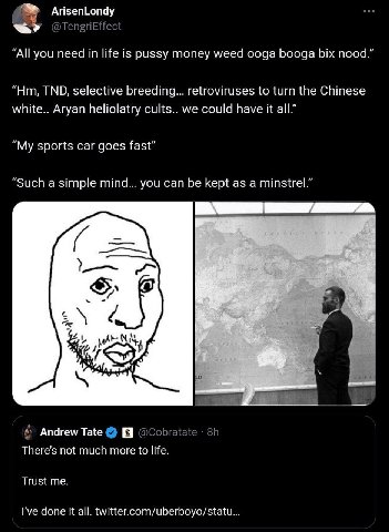 ArisenLondy “All you need in life is pussy money weed ooga booga nood.” TND, selective breeding... retroviruses to turn the Chinese white.. Aryan heliolatry cults.. we could have it all.” “My sports c