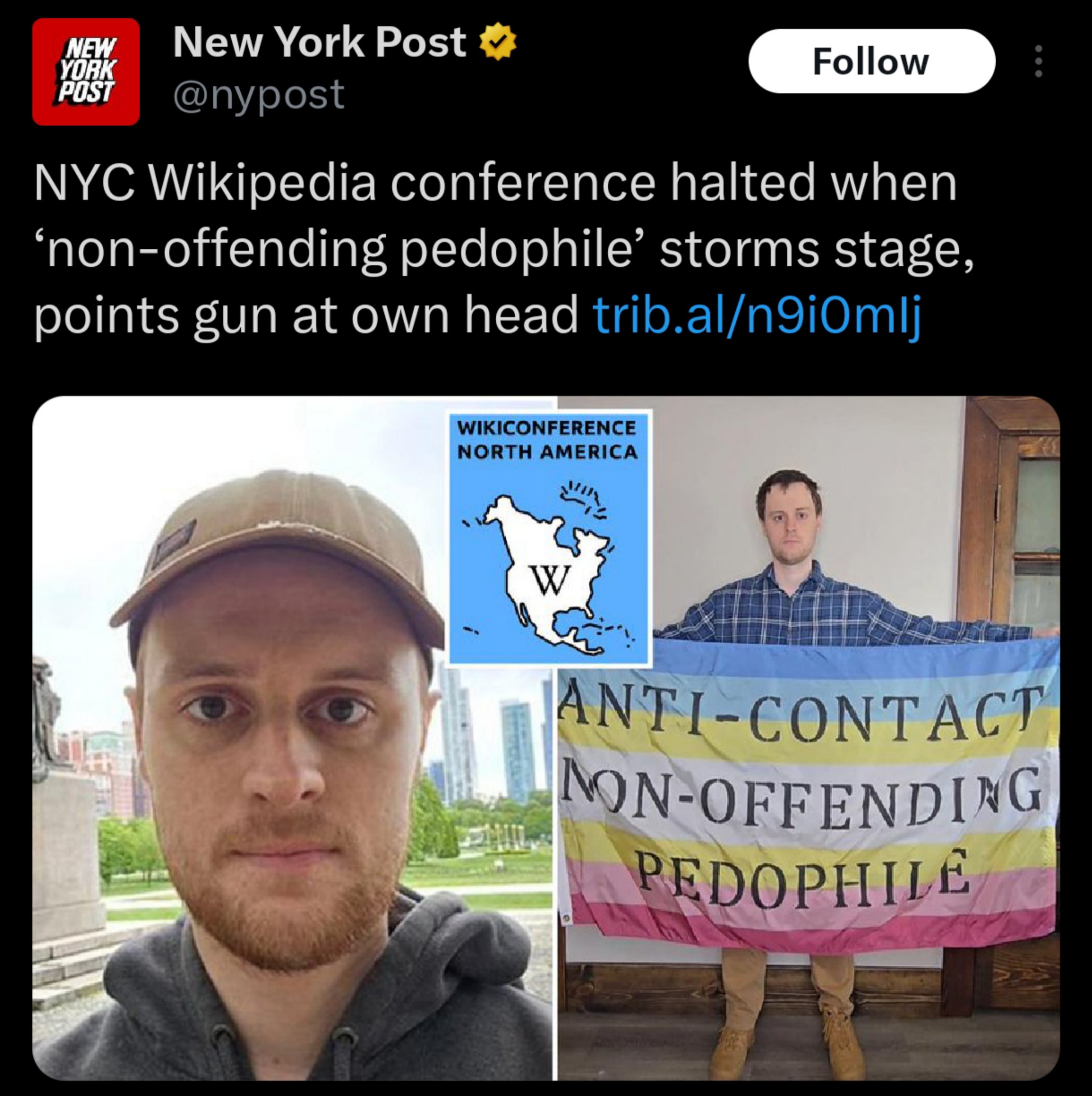 New York Post NYC Wikipedia conference halted when non-offending pedophile’ storms stage points gun at own head WIKICONFERENCE NORTH AMERICA an ЧЕ a