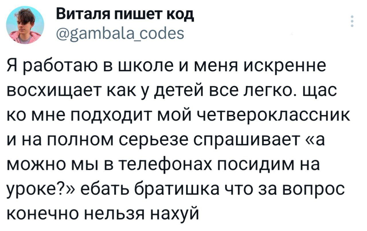 Виталя пишет код Я работаю в школе и меня искренне восхищает детей все легко. щас мне подходит мой четвероклассник и на полном серьезе спрашивает «а МОЖНО МЫ В телефонах посидим на уроке?» ебать брати