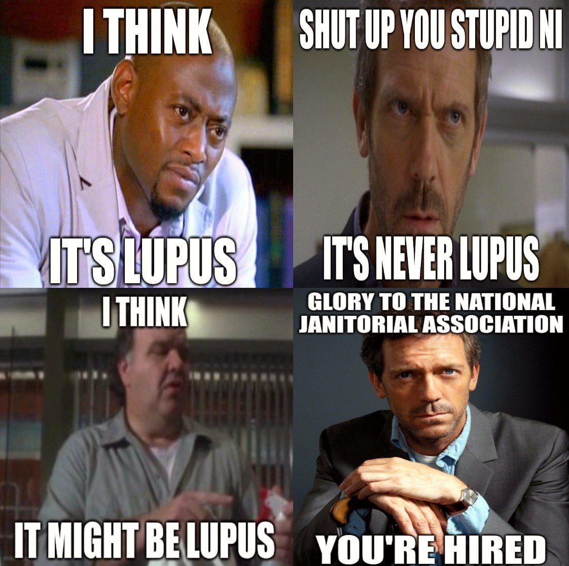 SHUT UP YOU STUPIO IT'S LUPUS GLORY TO THE NATIONAL JANITORIAL 3 IT MIGHT BELUPUS