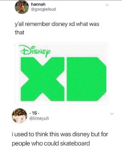 hannah @googlefeud remember disney what was that .1Б. @limeyuh i used to think this was disney but for people who could skateboard
