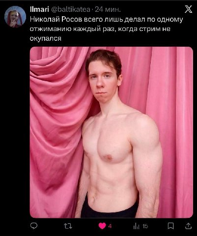 Итан @baltikatea- 24 мин. Николай Росов всего лишь делал по одному отжиманию каждый раз, когда стрим не окупался 15
