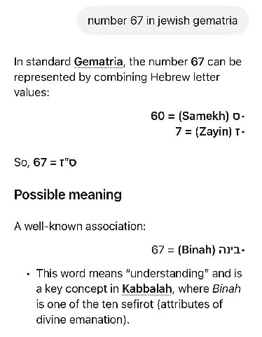 number 67 in jewish gematria In standard Gematria, the number 67 can be represented combining Hebrew letter values: 60 (Samekh) о. 7 (Zayin) So, 67 =т"О Possible meaning A well-known association: 67 (