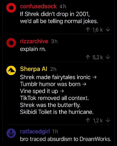 if Shrek didn't а rop in 2001, we'd all be telling normal jokes. explain Sherpa Shrek made fairytales ironic Tumblr humor was born Vine sped it up TikTok removed all context. Shrek was the butterfly. 
