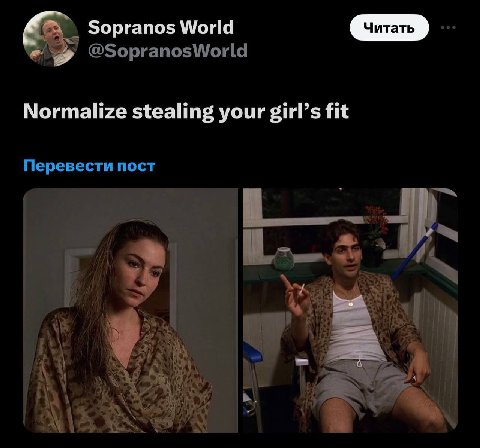 Sopranos World @SopranosWorld be Normalize stealing your girl’s fit Перевести пост 3%. A у a Я