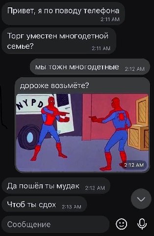 Привет, я по поводу телефона Торг уместен многодетной семье? А А мы тожн многодетные 2 OAK дороже возьмёте? 2:12 Да пошел ты мудак Чтоб ты сдох Сообщение