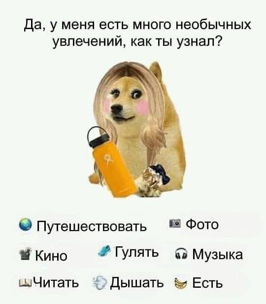 Да, у меня есть много необычных увлечений, как ты узнал? Фото Путешествовать Кино Гулять Музыка Есть