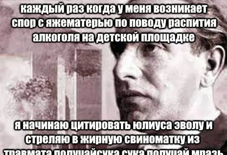 раз когдау меня возникает» с яжематерью по поводу распития» площадке А я начинаю цитировать юлиуса эволуи стреляю в жирную свиноматку из