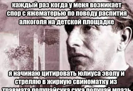 раз когдау меня возникает» с яжематерью по поводу распития» площадке А я начинаю цитировать юлиуса эволуи стреляю в жирную свиноматку из