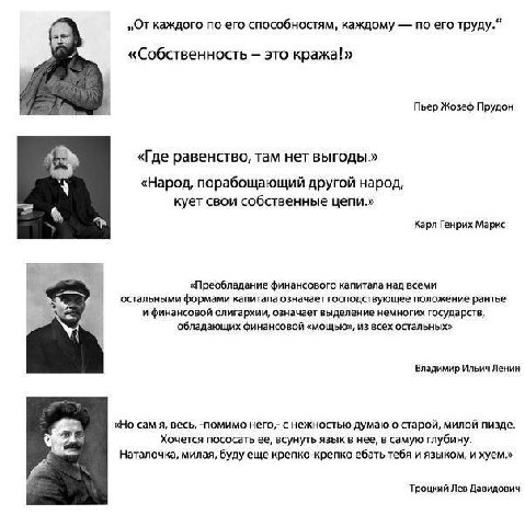 „От каждого по его способностям, каждому по его труду.“ «Собственность это кража!» Пьер Жозеф Прудон «Где равенство, там нет выгоды.» к «Народ, порабощающий другой народ, "4 кует свои собственные цепи