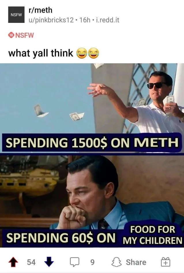 r/meth u/pinkbricks12 i.redd.it NSFW what yall think 4 SPENDING 1500$ ON METH Я FOOD FOR SPENDING 60$ ON cHILDREN 54 Share