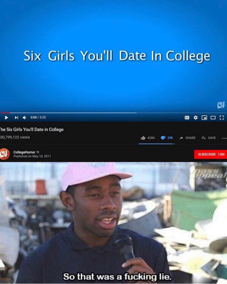 Six Girls You'll Date In College he Six Gidis Youll Date in Сойеде vere So that was a fucking lie. 2