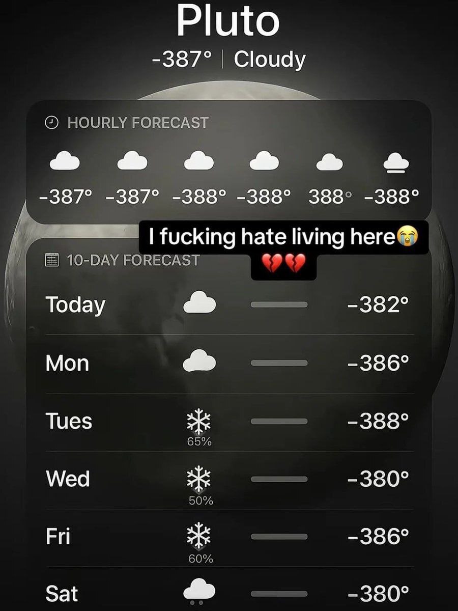 Pluto -387° Cloudy HOURLY FORECAST -387° -387° -388° -388° 388° -388° fucking hate living here® 10-DAY FORECAST Тодау Моп -336° Tues -388° 65% Wed -380° 50% Fri -386° 60% Sat die -380°