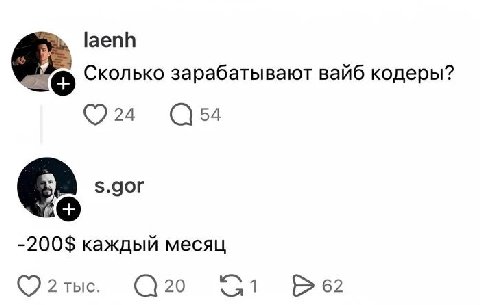 laenh Сколько зарабатывают вайб кодеры? 24 54 -200$ каждый месяц 2 тыс. 20 62