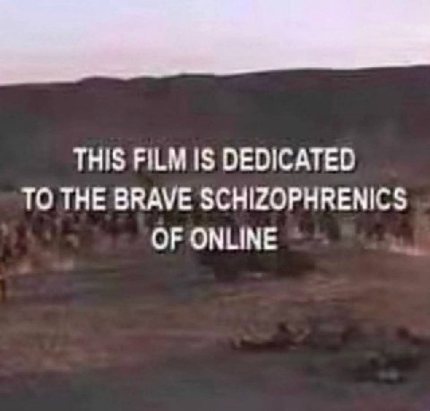 THIS FILM IS DEDICATED TO THE BRAVE SCHIZOPHRENICS OF ONLINE