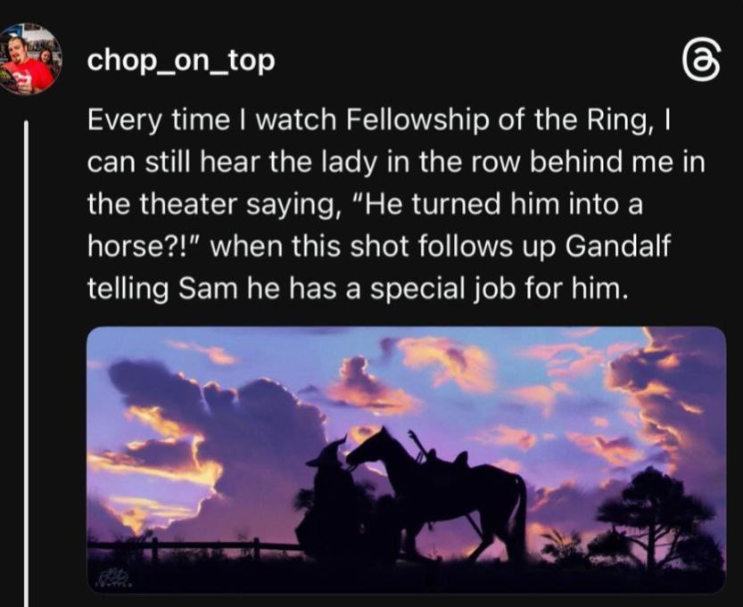 chop_on_top Every time watch Fellowship of the Ring, can still hear the lady in the row behind me in the theater saying, “He turned him into a horse?!" when this shot follows up Gandalf telling Sam he