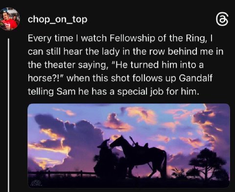 chop_on_top Every time watch Fellowship of the Ring, can still hear the lady in the row behind me in the theater saying, “He turned him into a horse?!" when this shot follows up Gandalf telling Sam he