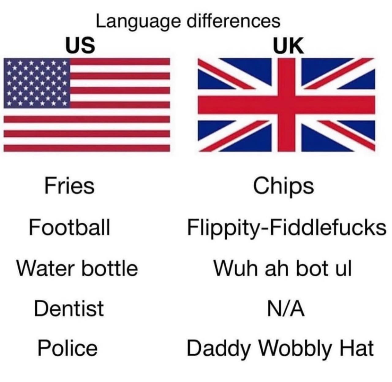 Language differences Fries Chips Football Flippity-Fiddlefucks Water bottle Wuh bot Dentist Police Daddy Wobbly Hat