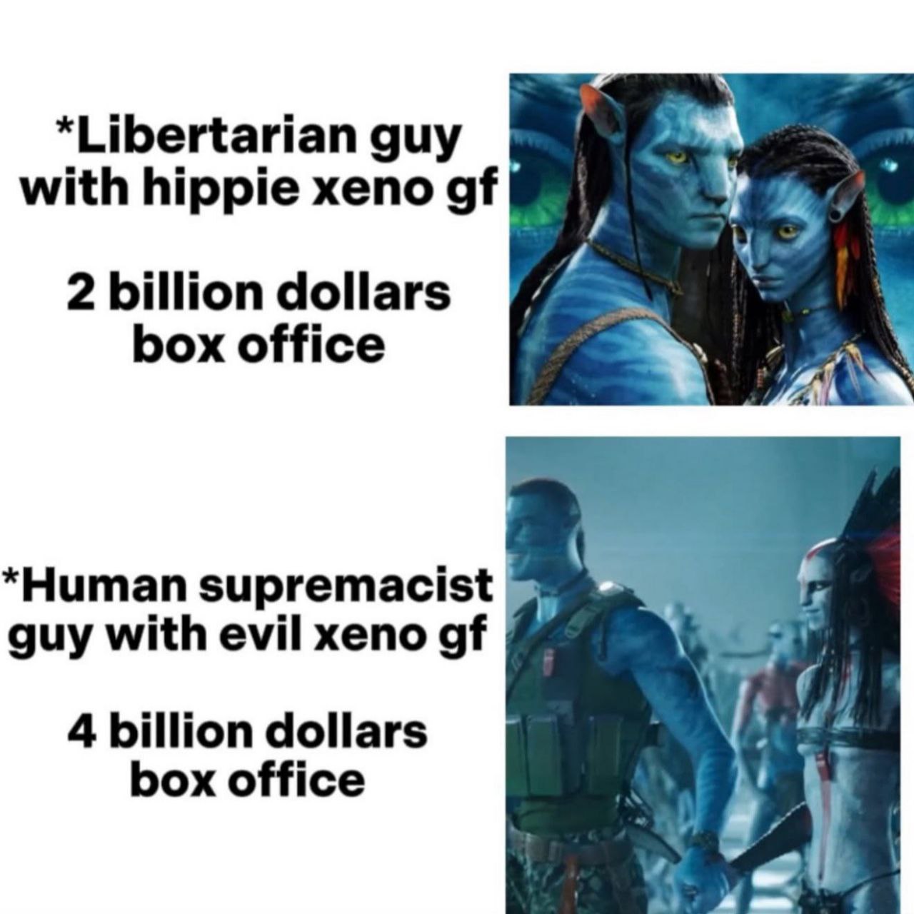 *Libertarian guy with hippie xeno 2 billion dollars box office *Human supremacist guy with evil xeno 4 billion dollars box office