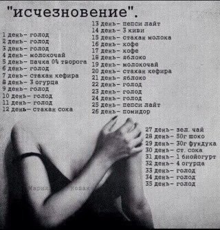 "исчезновение". 13 день- пепси лайт Зхиви 2 день- 14 голод 15 день- стахан холоха 2 день- голод 16 день- 3 день- голод хофе 17 день- хофе 4 день- молохочай 38 день- яблохо день- вачха 0% творога 6 19 