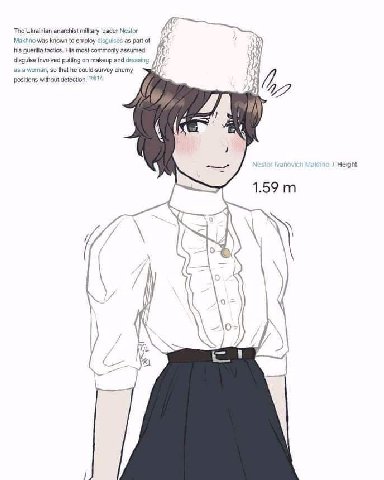 The Ukrainian anarchist military leader Nestor Makhno was known to employ disguises as рай his guerilla tactics. His most cammonly disguise involved putting on dressing as а Woman, So that he зигуеу e