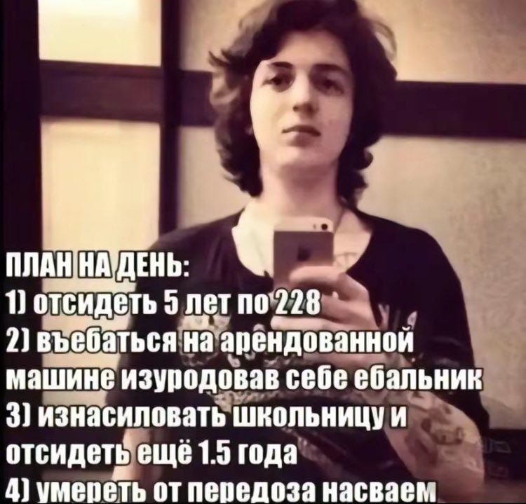 1 отсидеть 9 no 228 2) въебаться на арендованной машине изуродовав себе ебальник 3] изнасиловать школьницуи отсидеть еще 1.5 года 4] умереть от передоза насваем