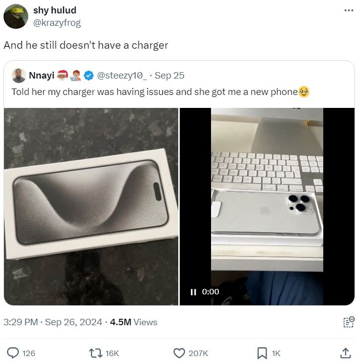 shy hulud @krazyfrog And he still doesn't have a charger Nnayi Sep 25 Told her my charger was having issues and she got me a new 7 25 0:00 3:29 Sep 26, 2024 Views 126