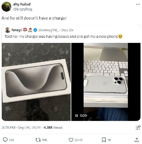 shy hulud @krazyfrog And he still doesn't have a charger Nnayi Sep 25 Told her my charger was having issues and she got me a new 7 25 0:00 3:29 Sep 26, 2024 Views 126