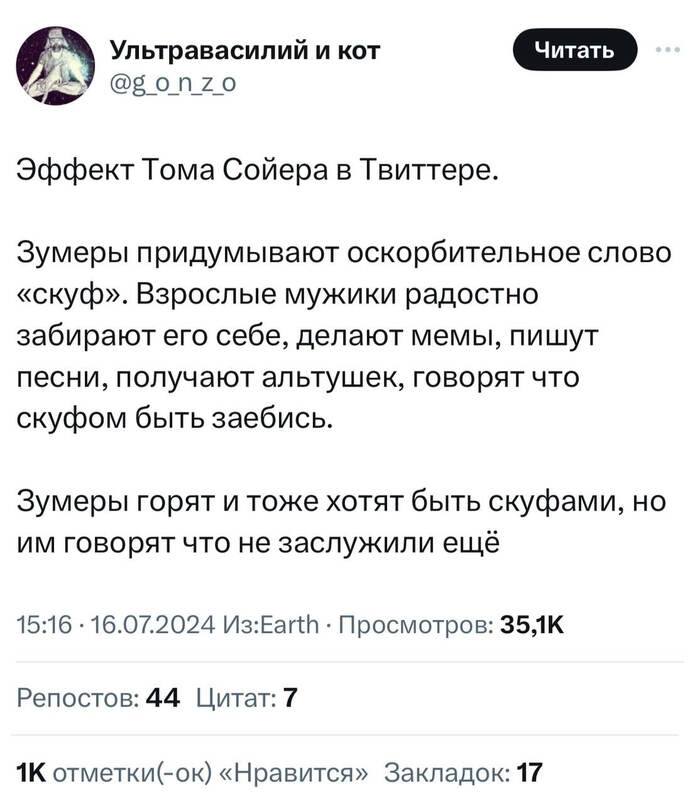 Ультравасилий и кот @Бопхо Эффект Тома Сойера в Твиттере. Зумеры придумывают оскорбительное слово «скуф». Взрослые мужики радостно забирают его себе, делают мемы, пишут песни, получают альтушек, говор