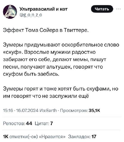 Ультравасилий и кот @Бопхо Эффект Тома Сойера в Твиттере. Зумеры придумывают оскорбительное слово «скуф». Взрослые мужики радостно забирают его себе, делают мемы, пишут песни, получают альтушек, говор