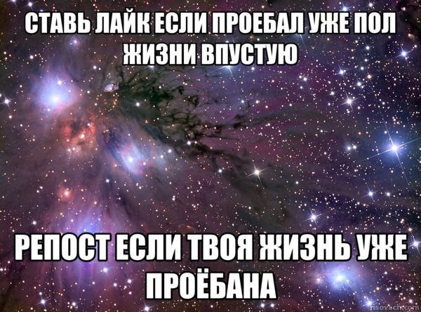 СТАВЬ ЛАЙК ЕСЛИ ПРОЕБАЛ УЖЕ ПОЛ ТВОЯ ЖИЗНЬ ПРОББАНА