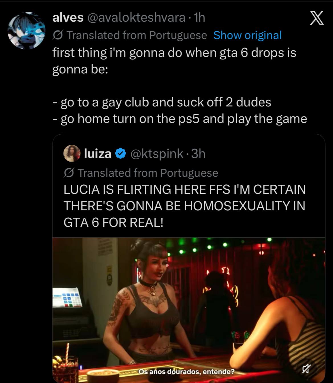 alves first thing gonna when gta 6 drops is gonna be: so toa gay club and suck off 2 duces во home turn on the and play the game luiza LUCIAIS FLIRTING НЕВЕ FFS CERTAIN THERE'S GONNA BE HOMOSEXUALITY 