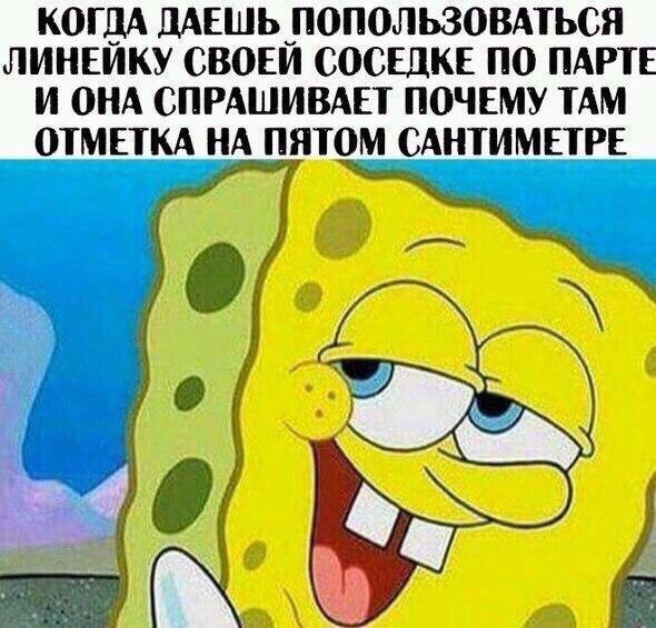 КОГДА ДАЕШЬ ПОПОЛЬЗОВАТЬСЯ ЛИНЕЙКУ СВОЕЙ СОСЕДКЕ ПО ПАРТЕ И ОНА СПРАШИВАЕТ ПОЧЕМУ ТАМ ОТМЕТКА НА ПЯТОМ САНТИМЕТРЕ