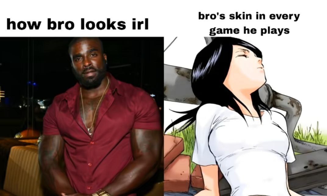 how bro looks irl bro's skin in every game he plays A.