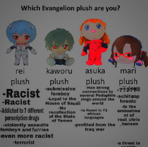Which Evangelion plush are you? 4 i rei Камоги азчКа mari plush plush plush plush -submissive "RACISt schitzop -Racist House of “Addicted to 7 different ‘is 72 -violently assaults -profited from the _