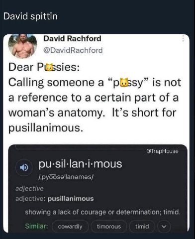 David spittin David Rachford @DavidRachford Dear Calling someone a “pissy” is not a reference to a certain part of a woman’s anatomy. It’s short for pusillanimous. @TrapHouse 4) ctive: pusillanimous s