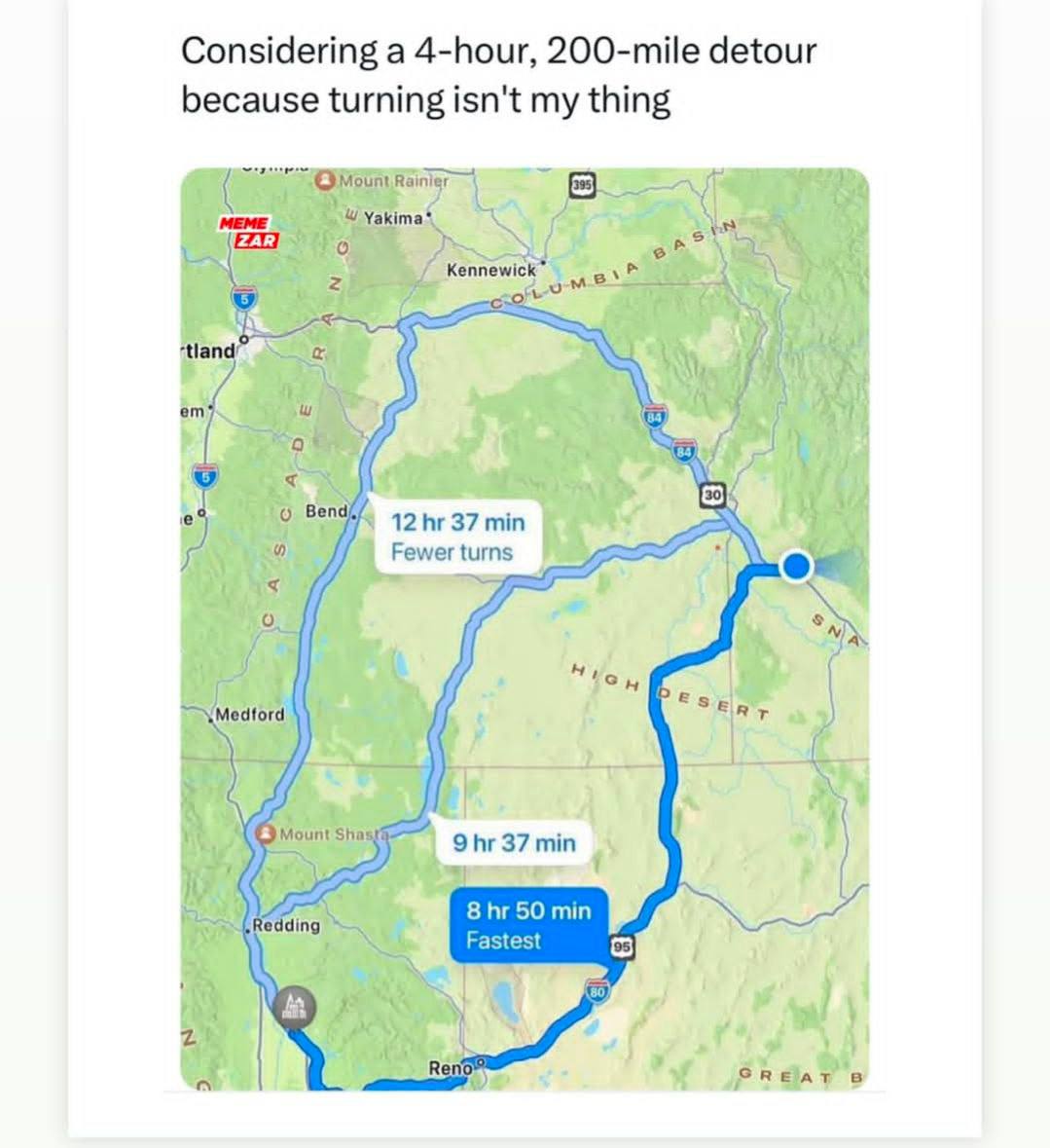 Considering a 4-hour, 200-mile detour because turning isn't my thing [1 12 37 min Fewer тит 8 50 min a