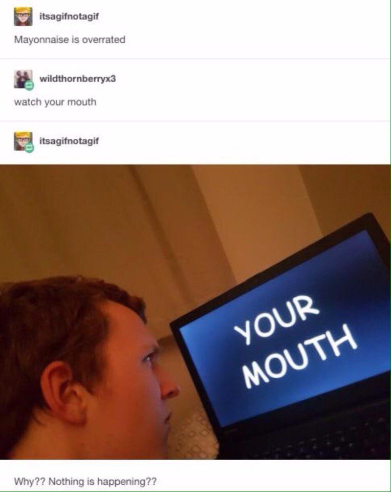itsagifnotagif Mayonnaise is overrated wildthornberryx3 watch your mouth itsagifnotagif Nothing is happening??
