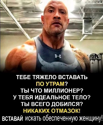 ТЕБЕ ТЯЖЕЛО ВСТАВАТЬ ПО УТРАМ? ТЫ ЧТО МИЛЛИОНЕР? У ТЕБЯ ИДЕАЛЬНОЕ ТЕЛО? ТЫ ВСЕГО ДОБИЛСЯ? НИКАКИХ ОТМАЗОК! ВСТАВАЙ искать обеспеченную женщину!