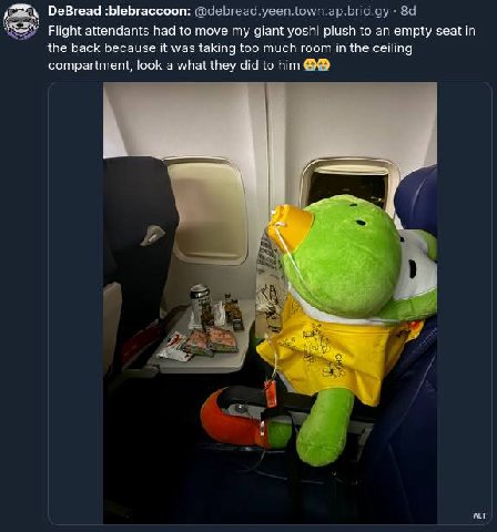 DeBread :ЫеБгассооп: your Flight attendants had to move giant yoshi plush to an empty seat in the back because it was taking too much room in the ceiling compartment, look a what they did to him A ain