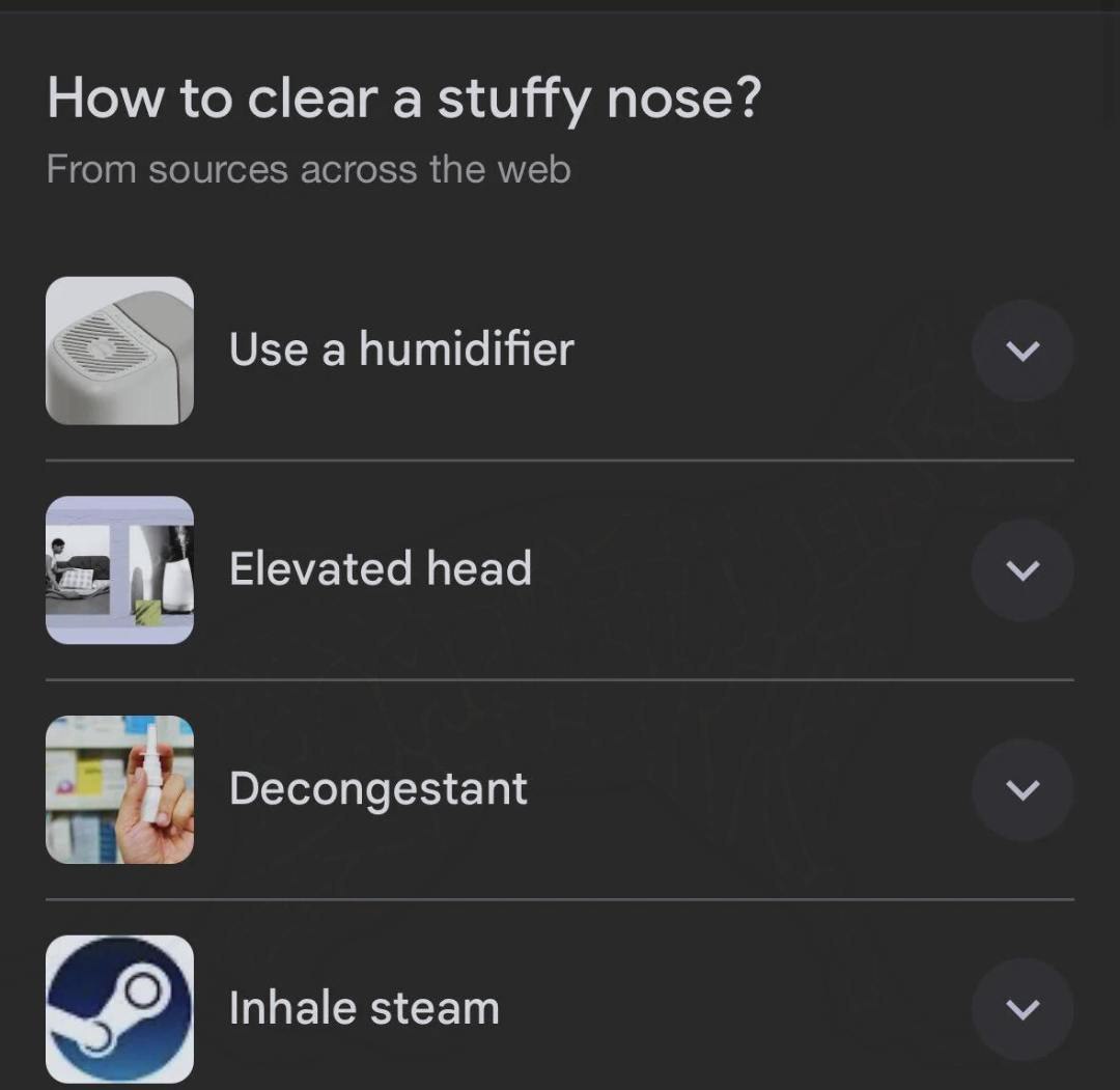 How to clear a stuffy nose? From sources across the web Use a humidifier Elevated head Decongestant У Inhale steam