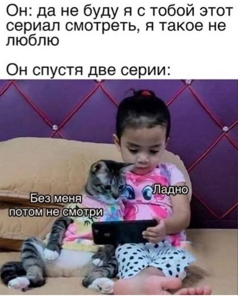 Он: да не буду я с тобой этот сериал смотреть, я такое не люблю Он спустя две серии: Без меня потом не смотри