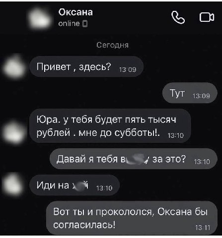 Оксана online Сегодня Привет здесь? 43:09 ТУТ 13:09 Юра. у тебя будет пять тысяч рублей мне до субботы!. Давай я тебя 3A это? Иди нах 9 Вот ты и прокололся, Оксана бы согласилась! 13:11