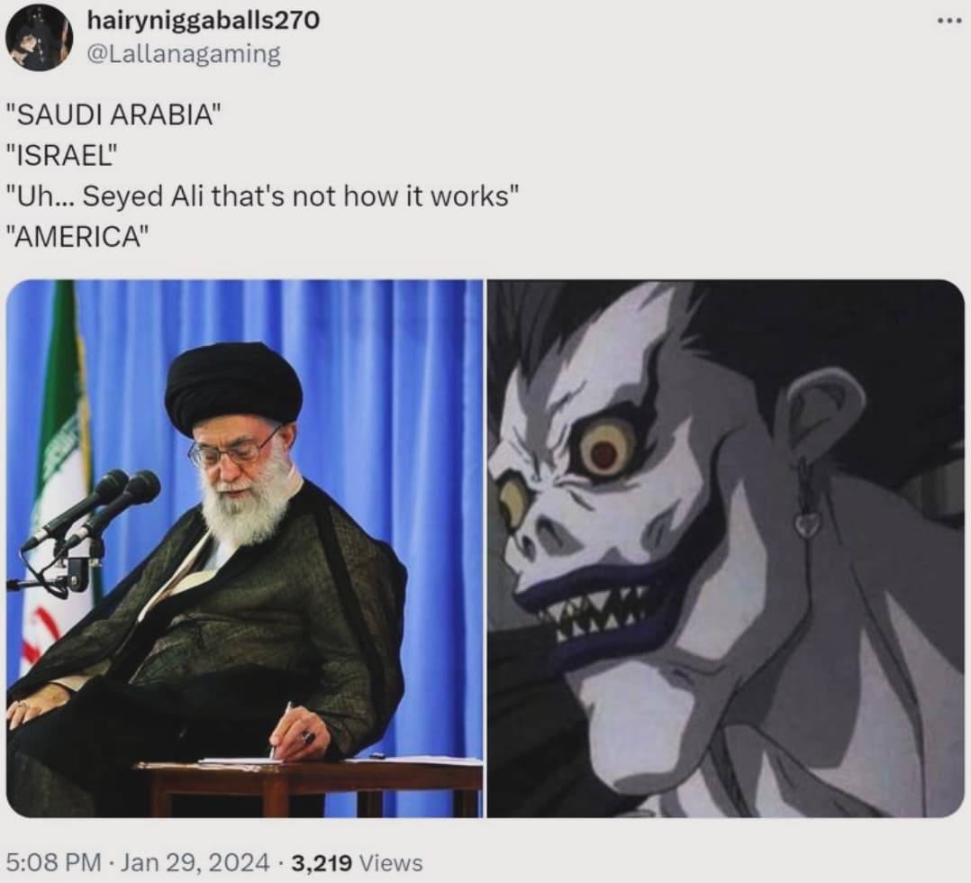 hairyniggaballs270 @Lallanagaming "SAUDI ARABIA" "ISRAEL" Seyed Ali that's not how it works" "AMERICA" 4 4 @a у и 5:08 Jan 29, 2024 3,219 Views