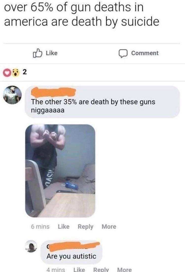 over 65% of gun deaths in america are death suicide Like Comment 2 The other 35% are death these guns niggaaaaa 6mins Like Reply More Are you autistic A4mins Like Вер More