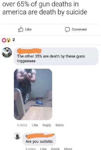 over 65% of gun deaths in america are death suicide Like Comment 2 The other 35% are death these guns niggaaaaa 6mins Like Reply More Are you autistic A4mins Like Вер More