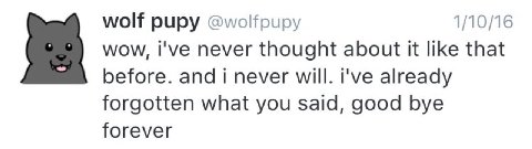 wolf pupy @wolfpupy 1/10/16 wow, I've never thought about it like that before. and i never will. I've already forgotten what you said, good bye forever