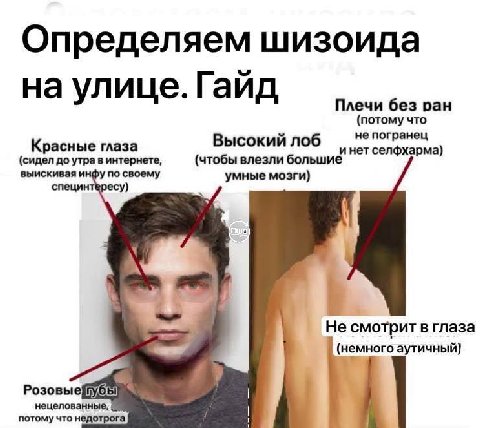 Определяем шизоида на улице. Гайд Плечи без ран (потому что Красные глаза Высокий лоб не погранец (сидел до утра в интернете, (чтобы влезли большие и нет селфхарма) выискивая и по своему умные мозги) 